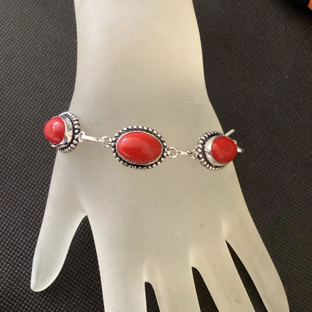 Sterling Silver 925 Coral Link Chain Bracelet - Picture 9 of 12
